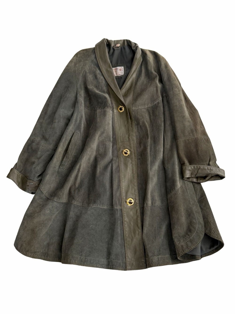 Vintage Genuine Suede Leather Swing Coat Jacket Olive Green Gold Toggle Buttons